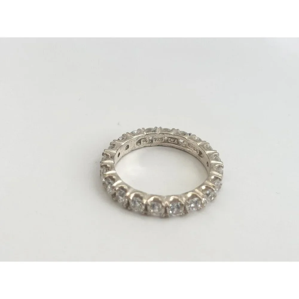CZ Gemstone Lined Straight Shank Sterling Silver 925 Vintage Ring - sz 7